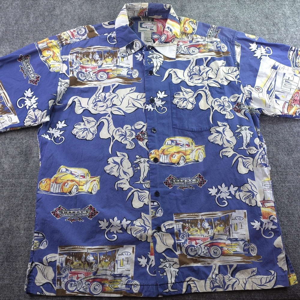 Vintage Bluewater Wear Shirt Large Blue Floral Geometric Sharkys Logo Button